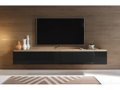 Móvel de TV moderno 180 cm para sala com LED – 2 portas, sem puxadores, corpo carvalho wotan, frentes preto brilho, de chão ou suspenso
