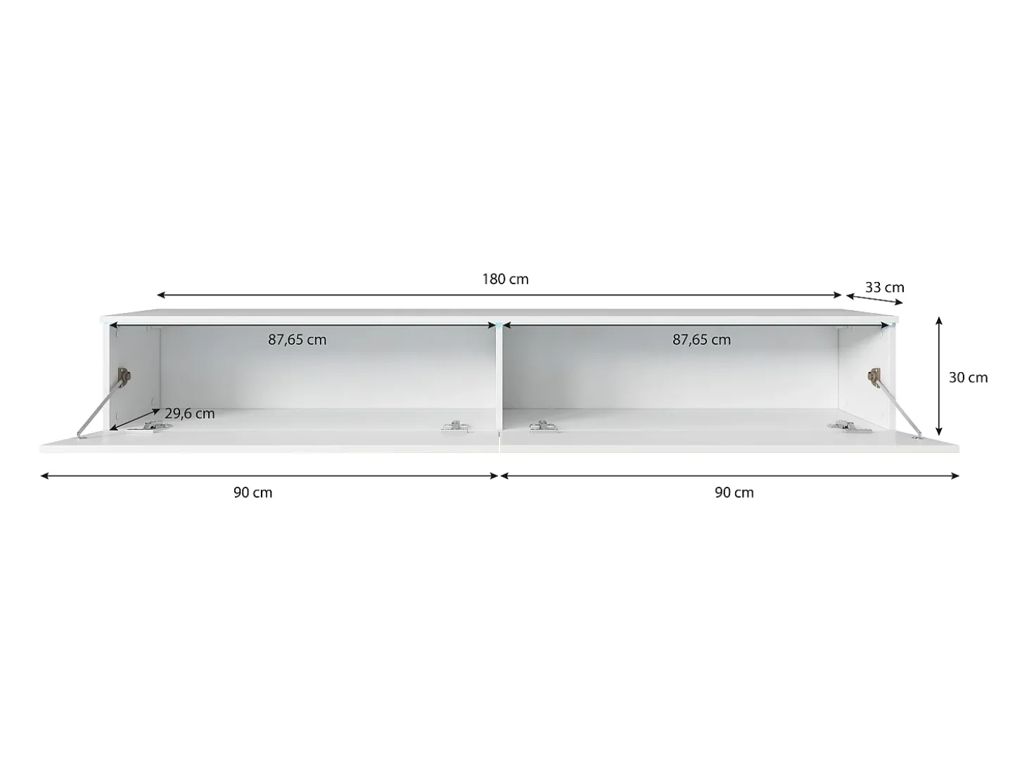 Móvel de TV moderno 180 cm para sala com LED – 2 portas, sem puxadores, corpo carvalho wotan, frentes preto brilho, de chão ou suspenso