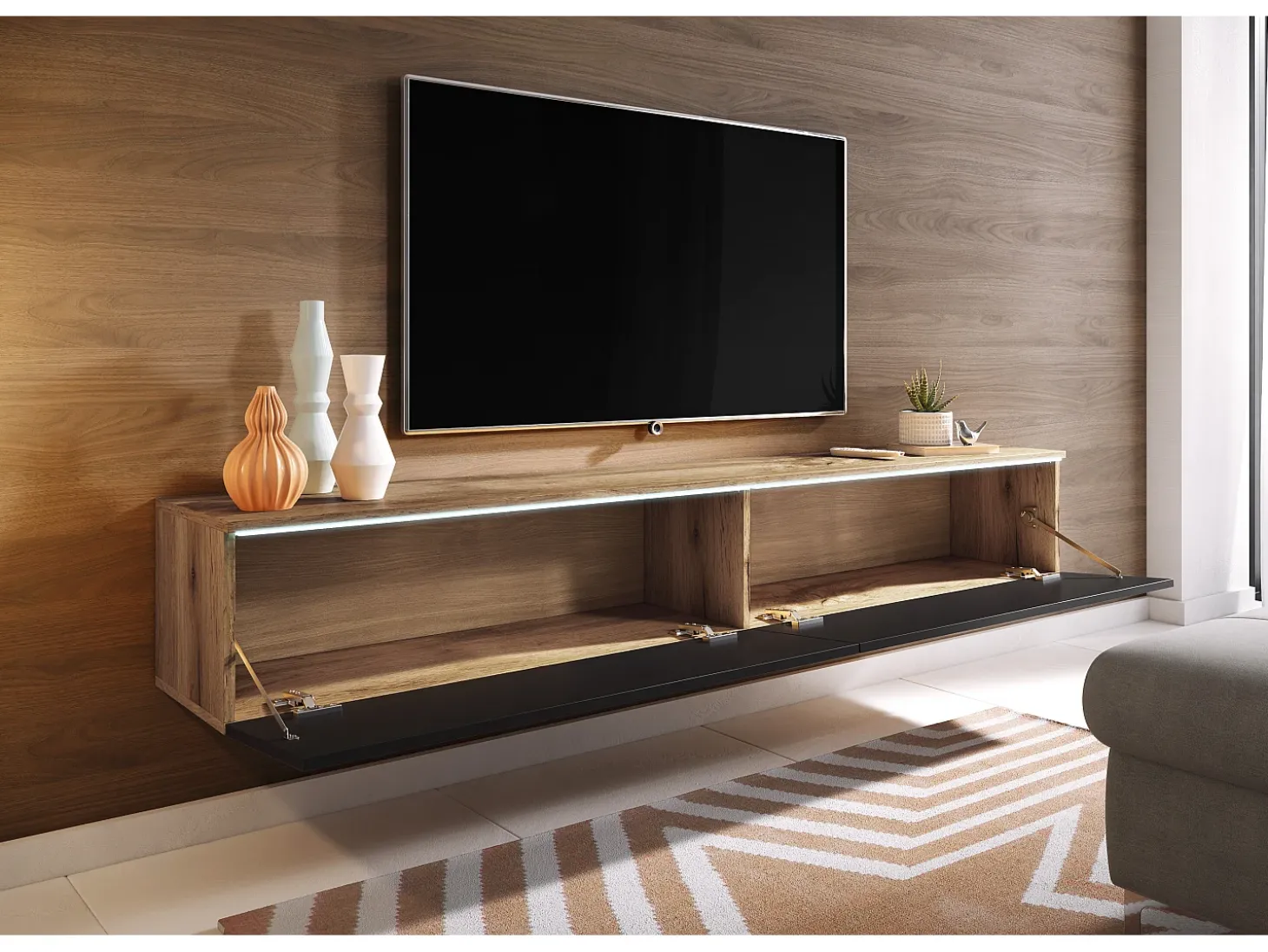 Móvel de TV moderno 180 cm para sala com LED – 2 portas, sem puxadores, corpo carvalho wotan, frentes preto brilho, de chão ou suspenso