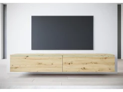 Móvel de TV moderno 180 cm para sala com LED – 2 portas, sem puxadores, carvalho artisan, de chão ou suspenso