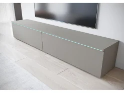 Móvel de TV moderno 180 cm para sala com LED – 2 portas, sem puxadores, cinza paládio fosco, de chão ou suspenso