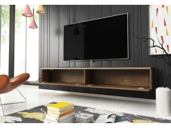 Móvel de TV moderno 180 cm para sala – 2 portas, sem puxadores, acabamento mate, de chão ou suspenso, carvalho wotan / carvalho wotan