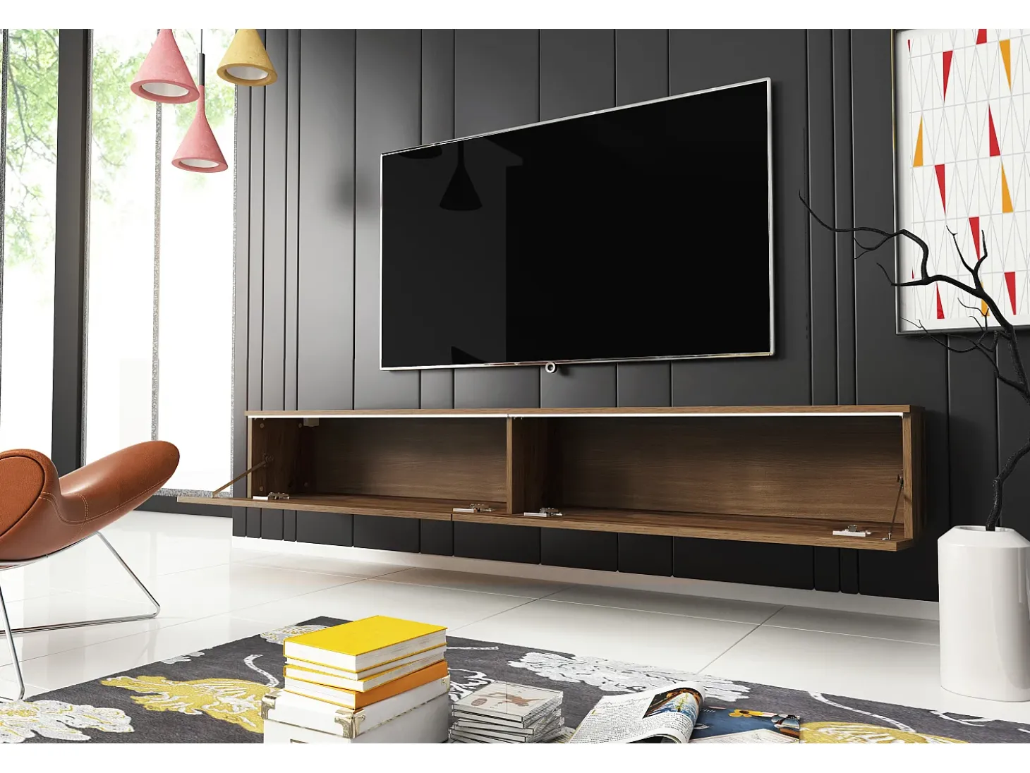 Móvel de TV moderno 180 cm para sala – 2 portas, sem puxadores, acabamento mate, de chão ou suspenso, carvalho wotan / carvalho wotan