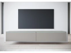 Móvel de TV moderno 180 cm para sala – 2 portas, sem puxadores, acabamento mate, de chão ou suspenso, cinzento paládio