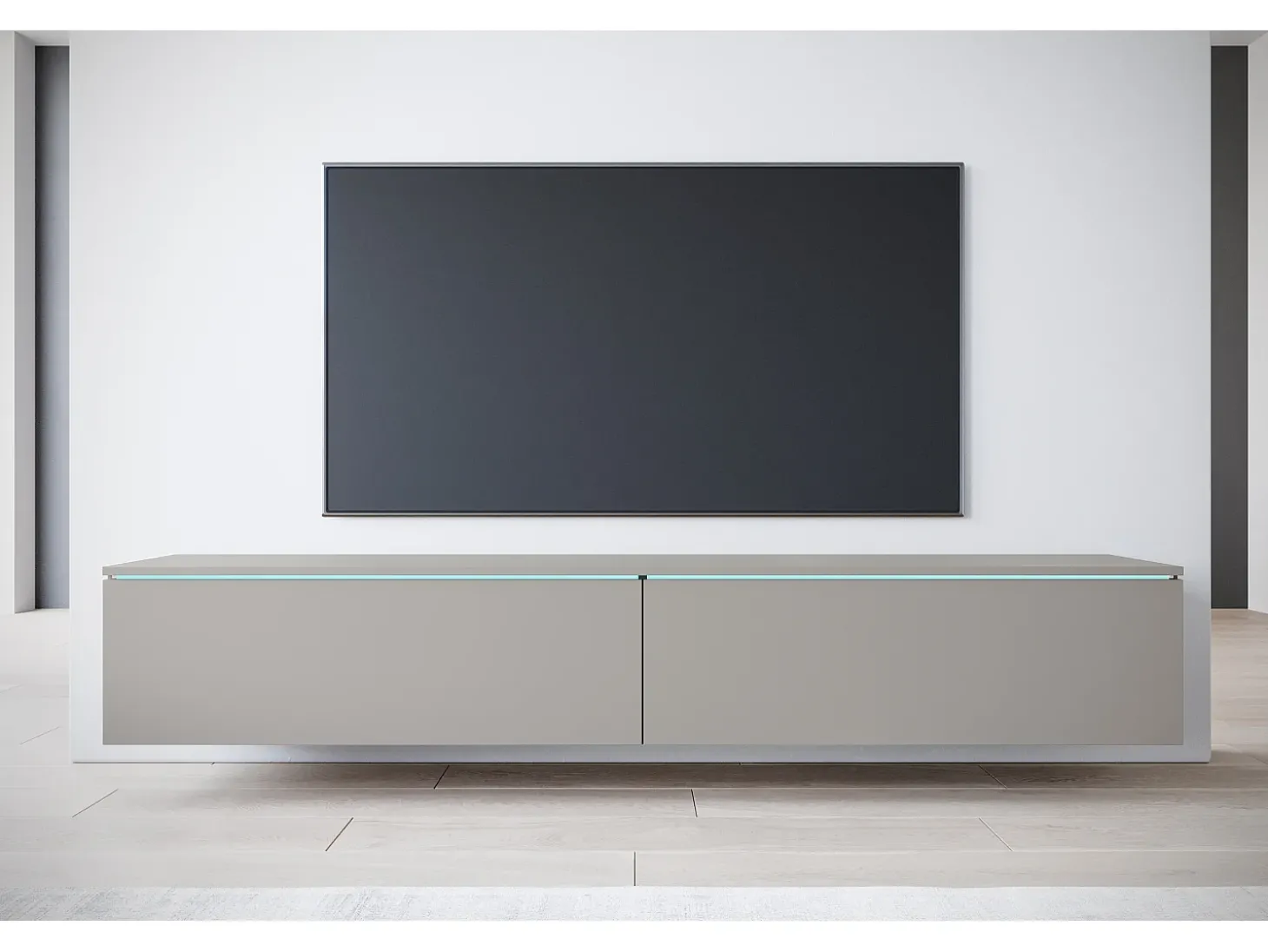 Móvel de TV moderno 180 cm para sala – 2 portas, sem puxadores, acabamento mate, de chão ou suspenso, cinzento paládio