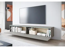 Móvel de TV moderno 180 cm para sala – 2 portas, sem puxadores, acabamento mate, de chão ou suspenso, cinzento paládio
