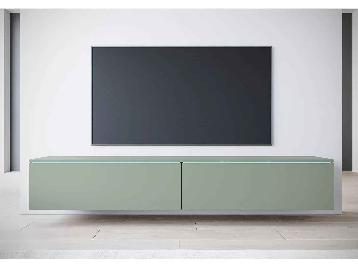 Móvel de TV moderno 180 cm para sala – 2 portas, sem puxadores, acabamento mate, de chão ou suspenso, verde névoa