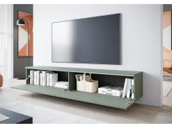 Móvel de TV moderno 180 cm para sala – 2 portas, sem puxadores, acabamento mate, de chão ou suspenso, verde névoa