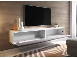 Móvel de TV moderno 180 cm para sala – 2 portas, sem puxadores, mate + brilho, de chão ou suspenso, branco / cinzento brilho