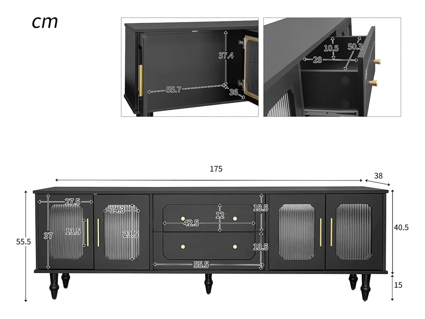 Móvel de TV moderno - com portas de vime e 2 gavetas - pernas de metal - Preto