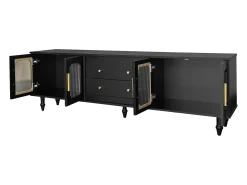 Móvel de TV moderno - com portas de vime e 2 gavetas - pernas de metal - Preto
