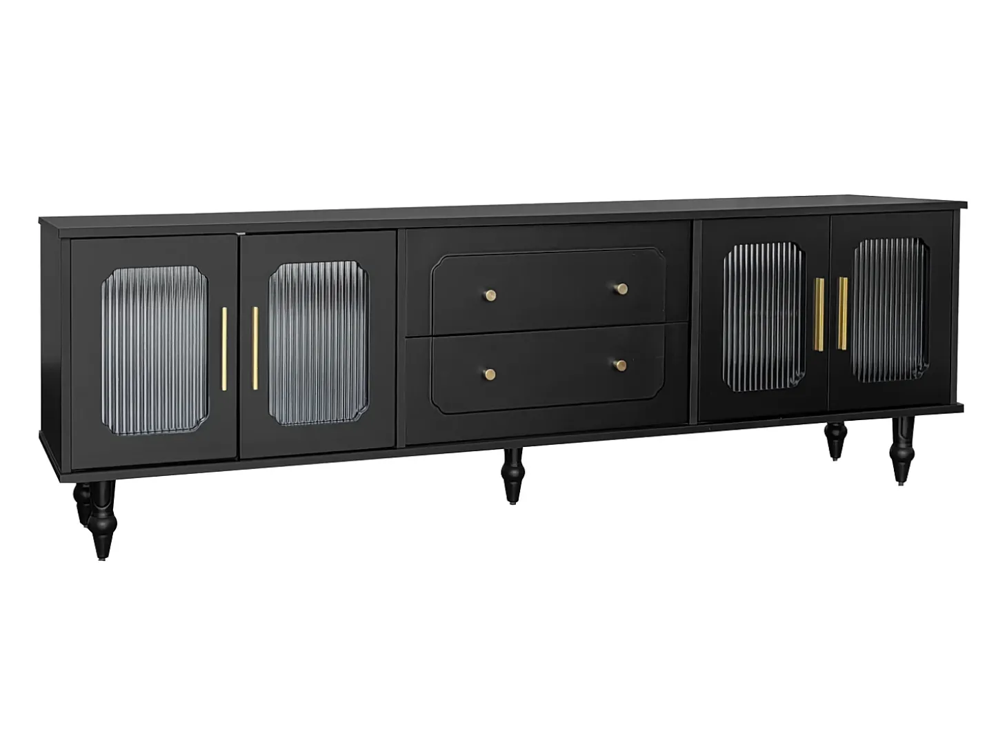 Móvel de TV moderno - com portas de vime e 2 gavetas - pernas de metal - Preto
