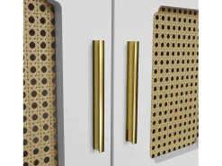 Móvel de TV moderno - com portas de vime e 2 gavetas - pernas de metal - Branco