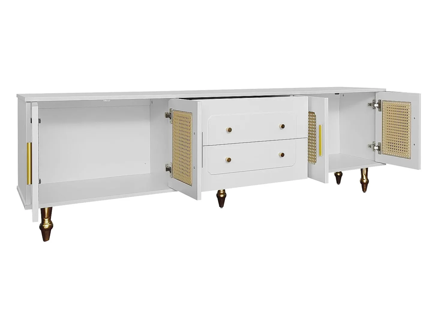 Móvel de TV moderno - com portas de vime e 2 gavetas - pernas de metal - Branco