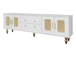 Móvel de TV moderno - com portas de vime e 2 gavetas - pernas de metal - Branco