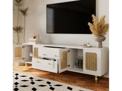 Móvel de TV moderno - com portas de vime e 2 gavetas - pernas de metal - Branco
