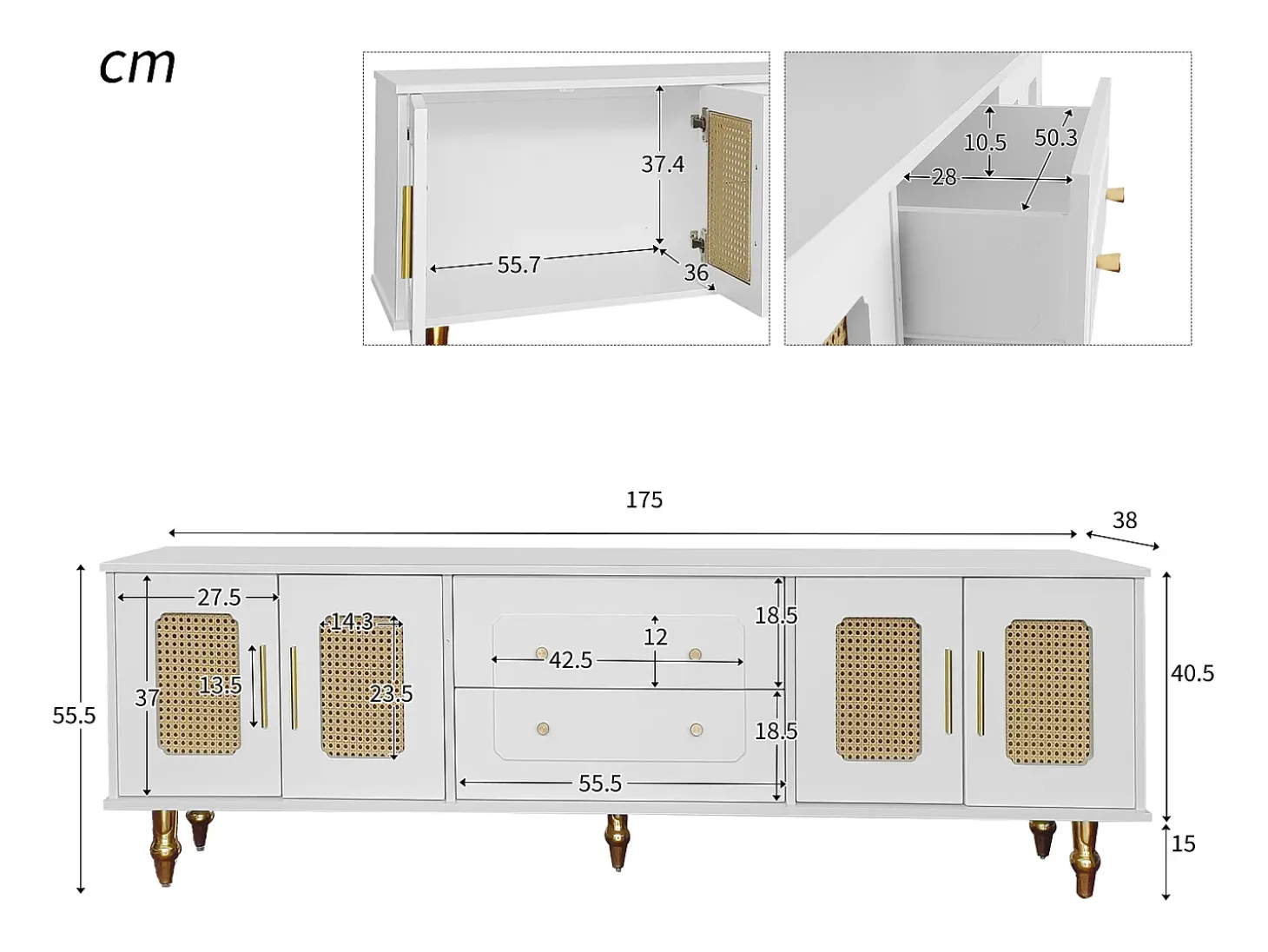 Móvel de TV moderno - com portas de vime e 2 gavetas - pernas de metal - Branco