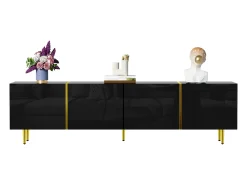 Móvel de TV moderno com 4 portas - 170 x 35 x 46 cm - Madeira MDF - Preto brilhante e dourado