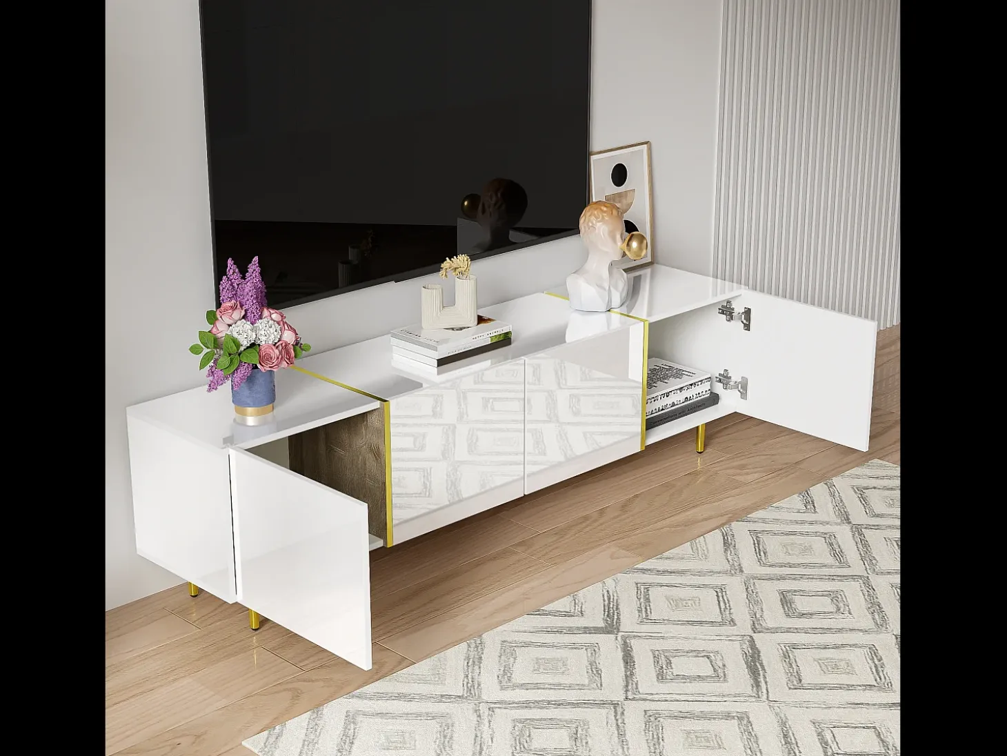 Móvel de TV moderno com 4 portas - 170 x 35 x 46 cm - Madeira MDF - Branco brilhante e dourado