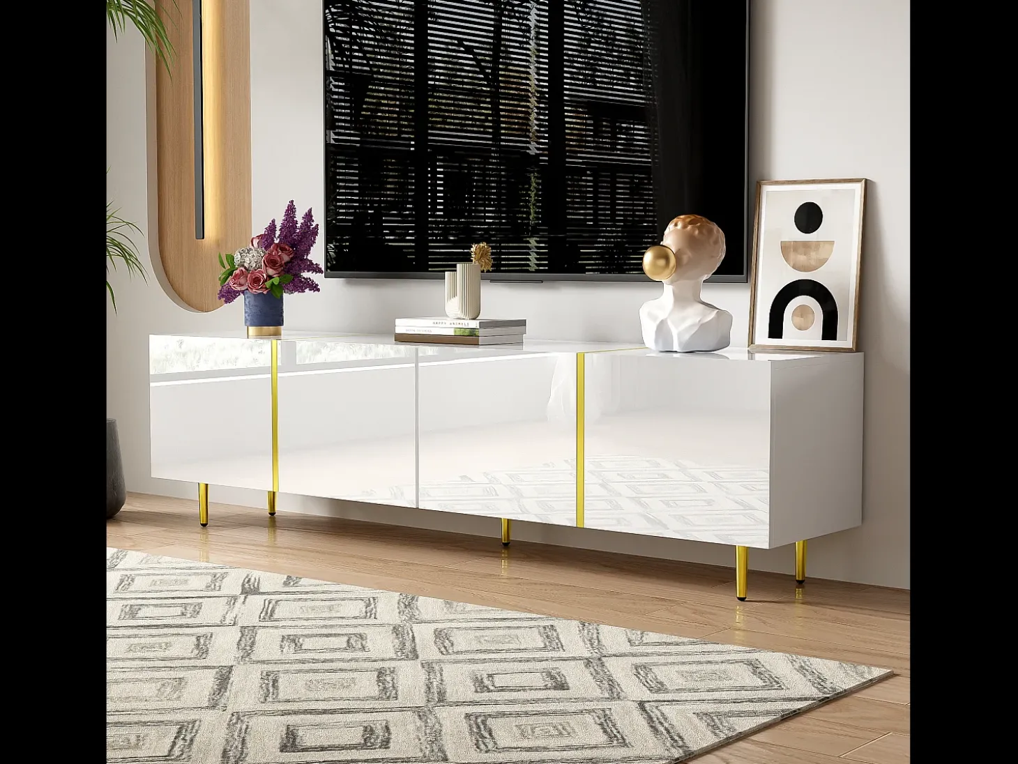 Móvel de TV moderno com 4 portas - 170 x 35 x 46 cm - Madeira MDF - Branco brilhante e dourado