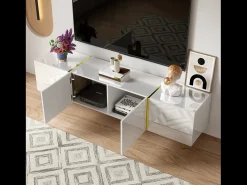 Móvel de TV moderno com 4 portas - 170 x 35 x 46 cm - Madeira MDF - Branco brilhante e dourado