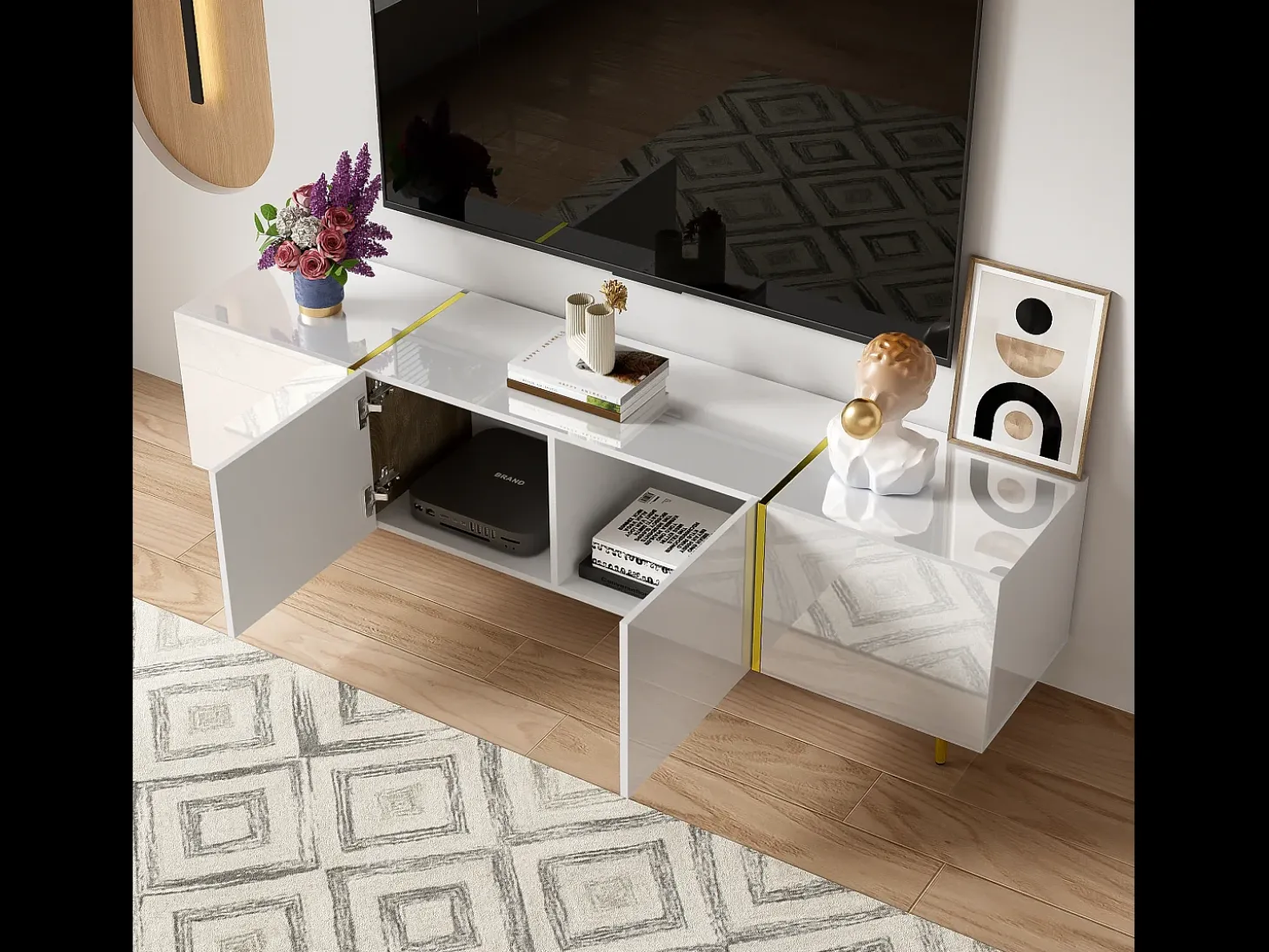 Móvel de TV moderno com 4 portas - 170 x 35 x 46 cm - Madeira MDF - Branco brilhante e dourado