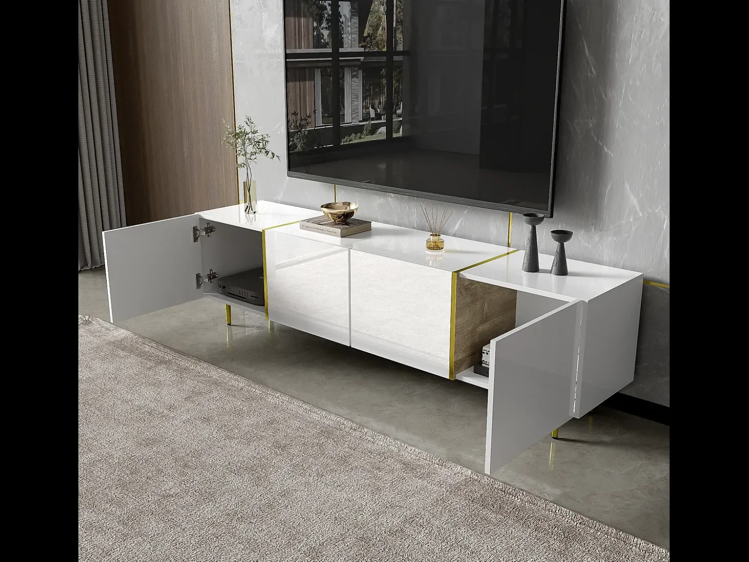 Móvel de TV moderno com 4 portas - 170 x 35 x 46 cm - Madeira MDF - Branco brilhante e dourado