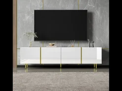 Móvel de TV moderno com 4 portas - 170 x 35 x 46 cm - Madeira MDF - Branco brilhante e dourado