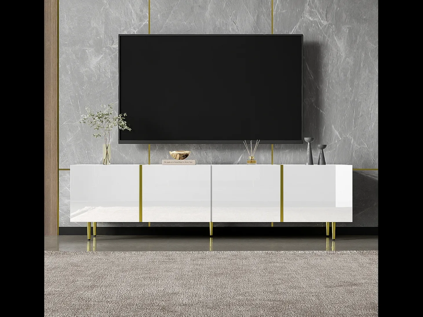 Móvel de TV moderno com 4 portas - 170 x 35 x 46 cm - Madeira MDF - Branco brilhante e dourado