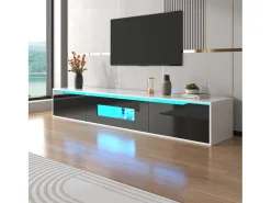 Móvel de TV moderno com 3 portas em alto brilho, iluminação LED, aglomerado, cores: preto e branco