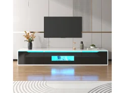 Móvel de TV moderno com 3 portas em alto brilho, iluminação LED, aglomerado, cores: preto e branco