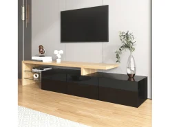 Móvel de TV moderno com 3 portas e 2 nichos - LEDs - Madeira MDF e vidro - carvalho e cor preta