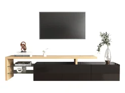 Móvel de TV moderno com 3 portas e 2 nichos - LEDs - Madeira MDF e vidro - carvalho e cor preta