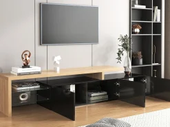 Móvel de TV moderno com 3 portas e 2 nichos - LEDs - Madeira MDF e vidro - carvalho e cor preta