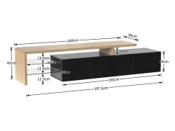 Móvel de TV moderno com 3 portas e 2 nichos - LEDs - Madeira MDF e vidro - carvalho e cor preta