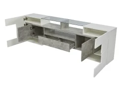 Móvel de TV moderno com 4 portas, 2 gavetas e 2 nichos - Aspecto branco brilhante - LEDs - Comprimento 200cm - Cor cinza