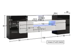 Móvel de TV moderno com 4 portas, 2 gavetas e 2 nichos - Aspecto brilhante - LEDs - Comprimento 200cm - Cor preta