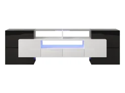 Móvel de TV moderno com 4 portas, 2 gavetas e 2 nichos - Aspecto brilhante - LEDs - Comprimento 200cm - Cor preta