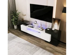 Móvel de TV moderno com 4 portas, 2 gavetas e 2 nichos - Aspecto brilhante - LEDs - Comprimento 200cm - Cor preta
