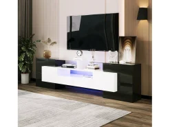 Móvel de TV moderno com 4 portas, 2 gavetas e 2 nichos - Aspecto brilhante - LEDs - Comprimento 200cm - Cor preta