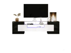 Móvel de TV moderno com 4 portas, 2 gavetas e 2 nichos - Aspecto brilhante - LEDs - Comprimento 200cm - Cor preta