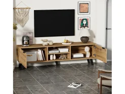 Móvel de TV moderno com 2 portas e 2 compartimentos abertos - 160,5 x 35,5 x 45 cm - Aglomerado - Cor madeira