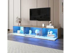 Móvel de TV moderno com 3 portas em alto brilho, iluminação LED, aglomerado, cores: carvalho e branco