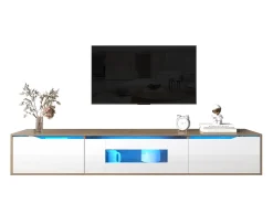 Móvel de TV moderno com 3 portas em alto brilho, iluminação LED, aglomerado, cores: carvalho e branco