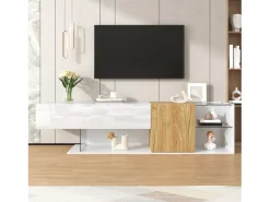 Móvel de TV moderno com alto brilho - 180 x 38 x 48 cm - aparência de madeira + prateleiras de vidro + 2 portas - aglomerado - branco