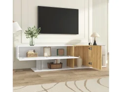 Móvel de TV moderno com alto brilho - 180 x 38 x 48 cm - aparência de madeira + prateleiras de vidro + 2 portas - aglomerado - branco