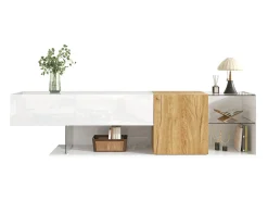 Móvel de TV moderno com alto brilho - 180 x 38 x 48 cm - aparência de madeira + prateleiras de vidro + 2 portas - aglomerado - branco