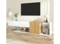 Móvel de TV moderno com alto brilho - 180 x 38 x 48 cm - aparência de madeira + prateleiras de vidro + 2 portas - aglomerado - branco