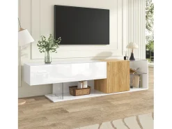 Móvel de TV moderno com alto brilho - 180 x 38 x 48 cm - aparência de madeira + prateleiras de vidro + 2 portas - aglomerado - branco