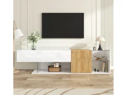 Móvel de TV moderno com alto brilho - 180 x 38 x 48 cm - aparência de madeira + prateleiras de vidro + 2 portas - aglomerado - branco